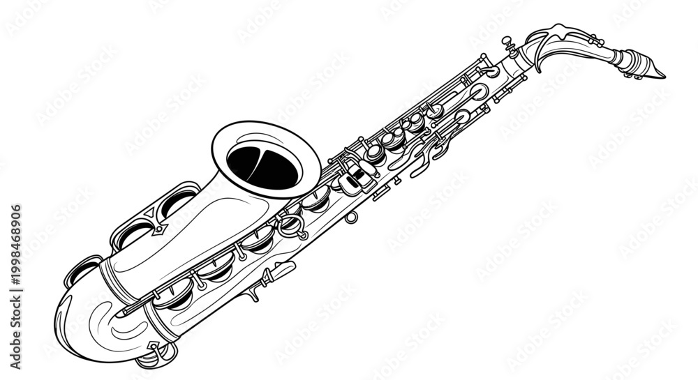 Obraz premium Detailed illustration of a saxophone in black and white isolated on white