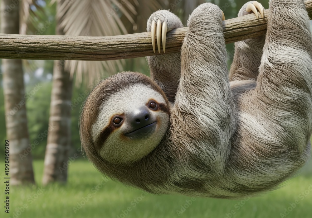 Fototapeta premium portrait of a cute sloth hanging from a tree branch in the jungle.