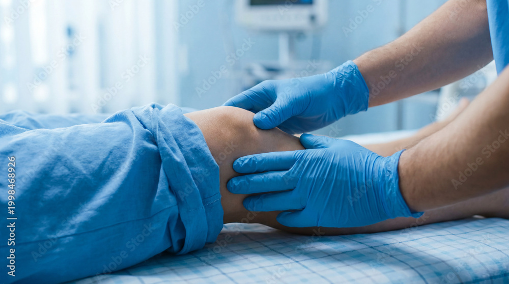 Obraz premium Medical worker wearing blue gloves examining a patient's leg on a hospital bed with medical equipment