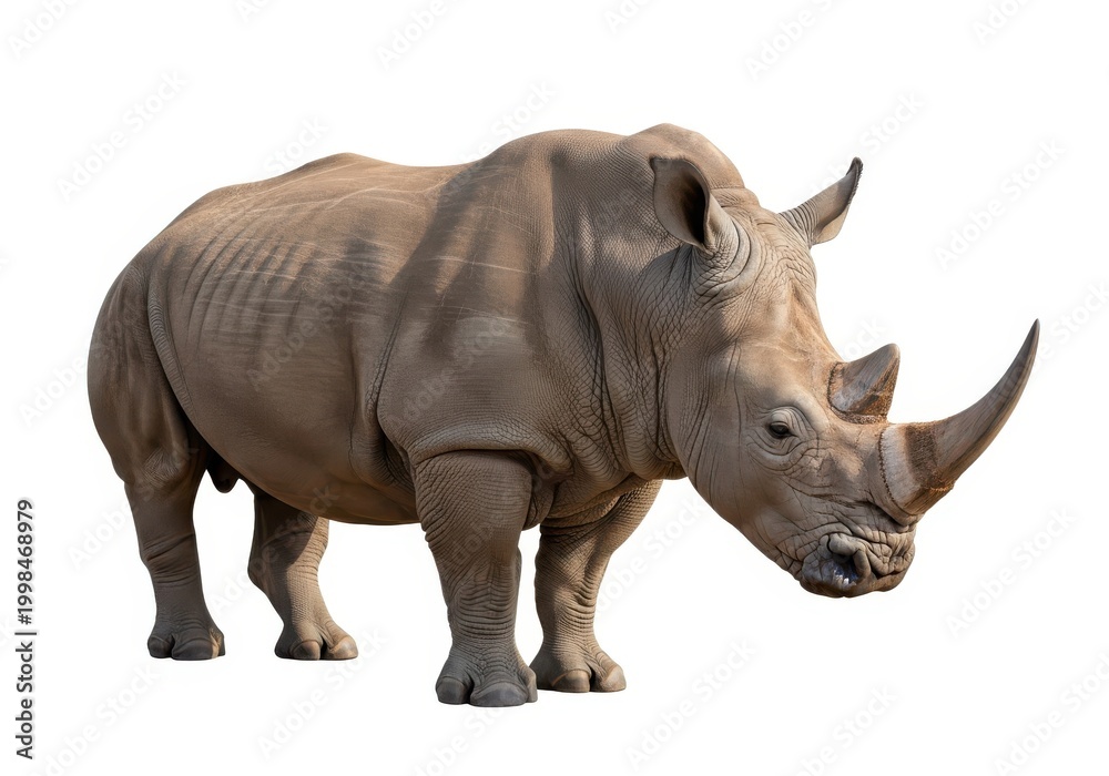 Naklejka premium Large rhinoceros stands isolated against a plain white background.