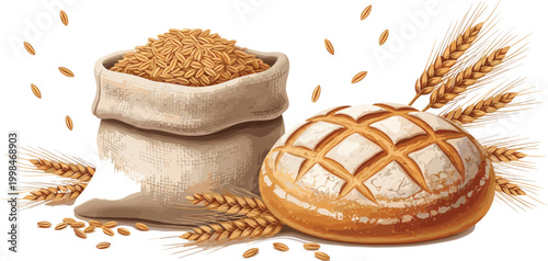 Fresh Bread and Wheat Vector Illustration with Sack of Grain, Rustic Bakery Food Ingredients, Wheat Ears, and Baked Loaf on White Background