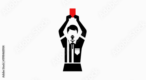Silhouette of a soccer referee holding a red card high above his head, signaling a player's expulsion from the game.