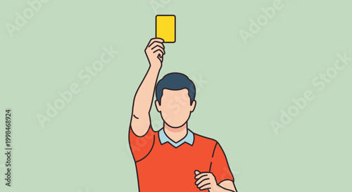 Man showing a yellow card in his raised hand as a warning on a plain light green background