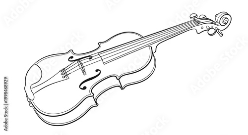 Detailed outline of a classical violin instrument with strings and scroll