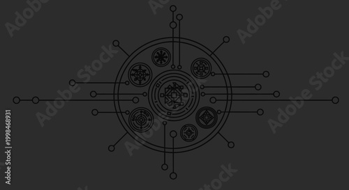 Abstract dark grey background with intricate circular digital circuit design featuring multiple interconnected symbols and radiating lines.
