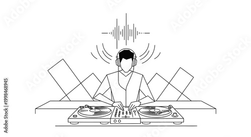 Dj at work illustration of mixing music with headphones and turntable equipment