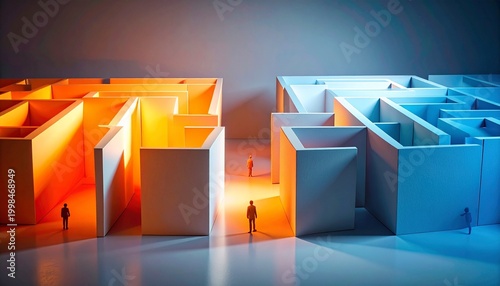 Dual Mazes in Orange and Blue Light – Conceptual Visual for Editorial, Lifestyle, or Branding Themes