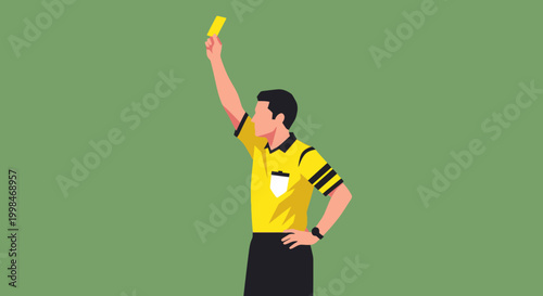 Soccer referee showing a yellow card to a player as a warning during a game on a green background