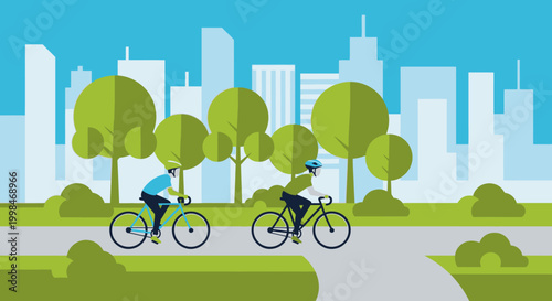 Two men cycling actively in a city park with green trees and urban background under a blue sky