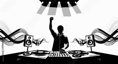 Dj silhouette performing with turntables and sound system on white background
