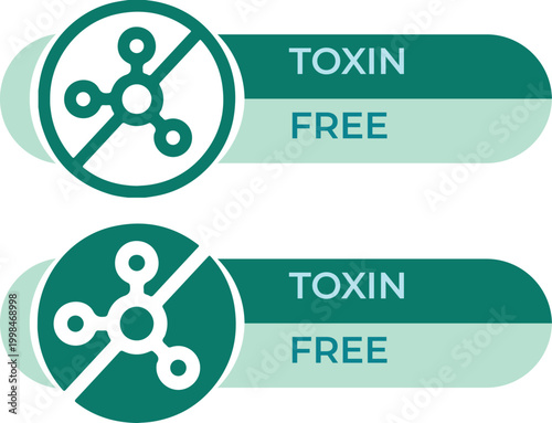 Toxin free product labels, green non-toxic chemical icons, organic health safety badges, eco-friendly packaging vector set