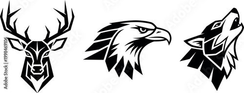 Wild animal mascot head vector set, black and white deer eagle and wolf logos, geometric wildlife icons for sports branding and hunting clubs