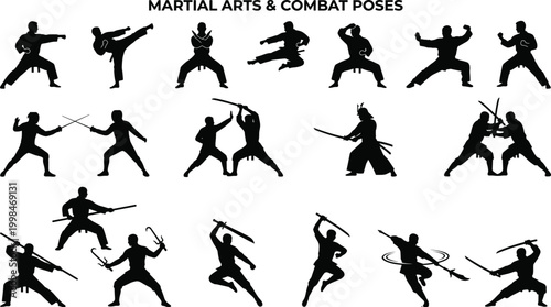 Collection of black silhouette martial arts and combat poses including karate, sword fighting, and ninja weapon strikes