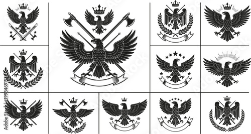 Heraldic Eagle Vector Set with Crown, Axes, Shields, Stars, and Ornamental Designs for Emblems, Logos, Coats of Arms, and Decorative Crests