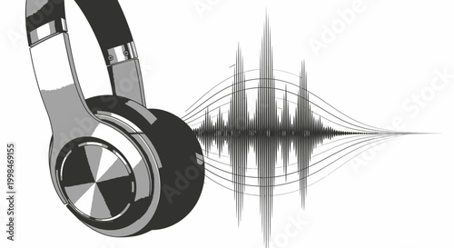 Headphones and sound wave illustration for music listening and audio concepts