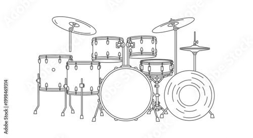 Line art drum set illustration musical instrument outline on white