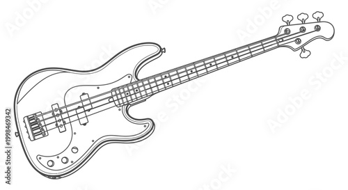 Line drawing of a bass guitar instrument isolated on a white background