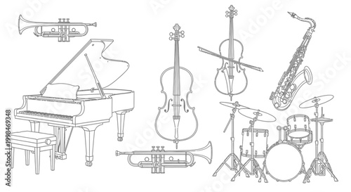 Line art musical instruments piano trumpet cello saxophone and drums