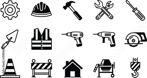 Construction, icons, set, featuring, hammer, drill, helmet, wrench, saw, vest, tools, gear, trowel, cone, barrier, house, mixer, crane, hook, for, building, industry, industrial, design.