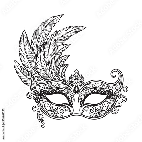 Intricate masquerade mask with feathers line art vector isolated on white background