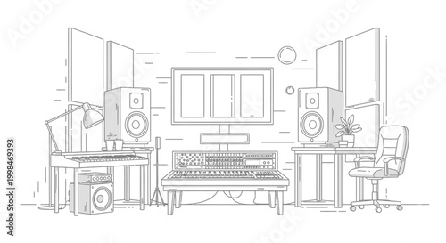 Modern recording studio illustration with audio equipment and computer monitors