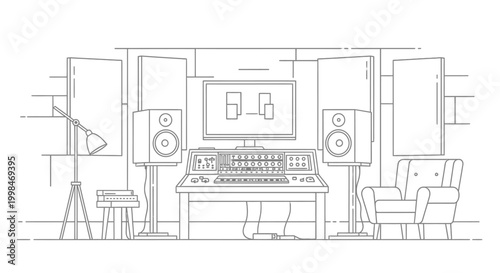 Modern recording studio illustration with audio equipment and soundproofing