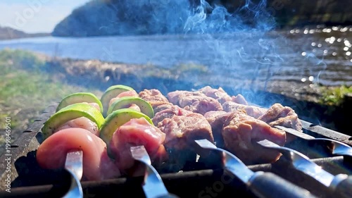 Barbecue grill with sizzling meat skewers by river
