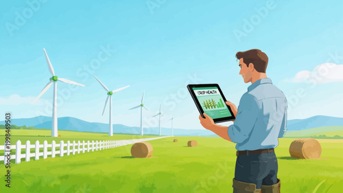 Farmer using tablet in field with windmills