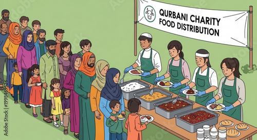 Qurbani charity food distribution diverse people lining up for meals community service and humanitarian aid concept illustration