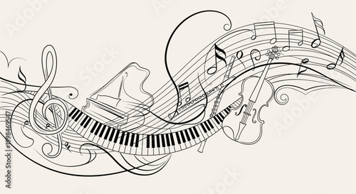 Musical instruments illustration piano violin and musical notes in design