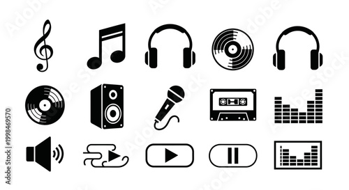 Music icons set treble clef headphones vinyl records speaker microphone