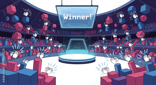 Cartoon audience cheering in a colorful arena with a winner announcement