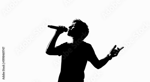 Silhouette of a person singing with microphone against white background