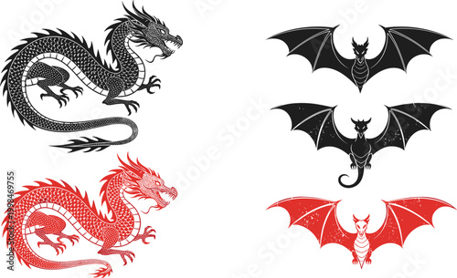 Dragon illustrations, Eastern serpentine dragon art, Western winged dragon design, mythical creature vector, fantasy reptile artwork, colorful dragon silhouette, exotic dragon symbolism