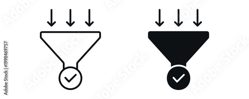 Filtering and selection icon set, funnel with check mark symbolizing sorting, validation, and approval in line and solid style. vector illustration.