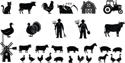 Farm animals silhouette vector set, agricultural icons collection, farmer with tractor and barn, livestock silhouettes including cow pig horse and poultry for rural design.