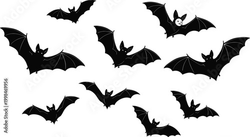 Flying bat silhouettes, Halloween bat artwork, nocturnal animal vector, spooky bat illustration, cartoon bat design, winged creature graphics, dark bat drawing, scary bat silhouette