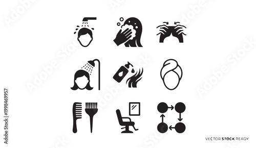 Hair care and showering process pictogram icons with treatment, silhouette