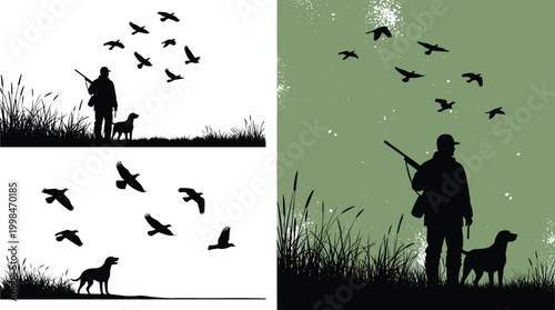 Hunter with dog silhouette vector, duck hunting scene in nature, man with shotgun and bird dog, flying ducks flock, outdoor sport hunting landscape.
