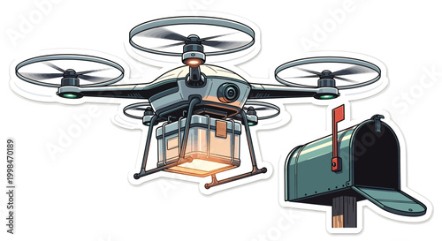 Drone delivering package to mailbox with robotic arm