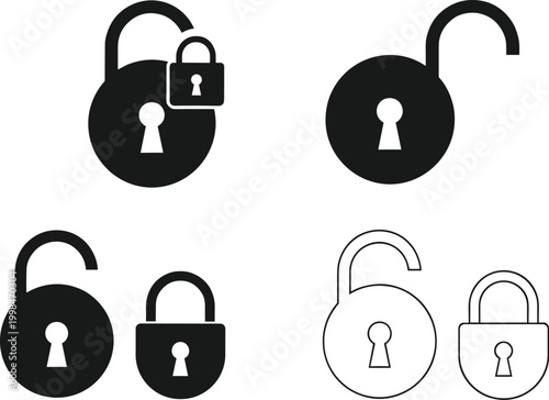 Quadro su tela Lock and unlock icon set featuring circular padlocks with keyhole silhouettes in