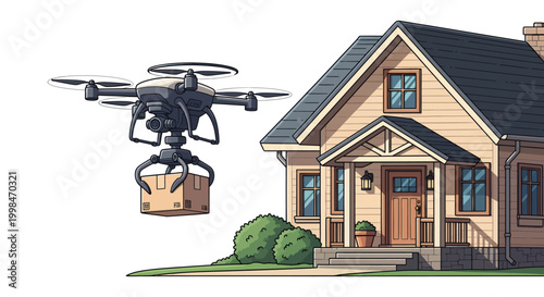 Drone delivering package to suburban home with roof and yard