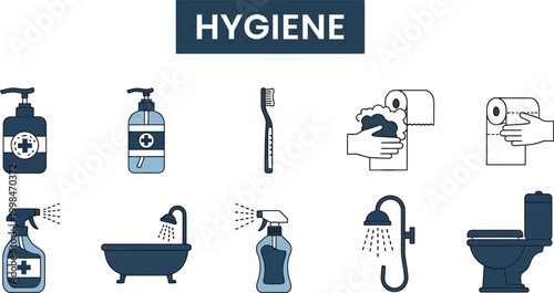 Hygiene vector line icons set of personal care products for body washing and cleanliness health symbols in flat design style isolated illustration.