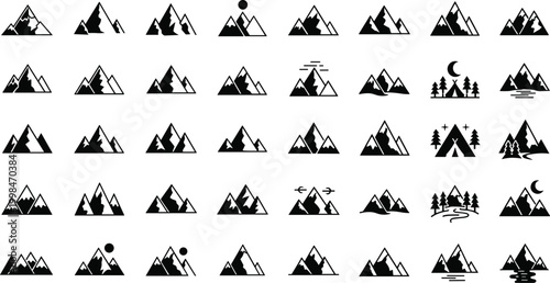 Mountain icons illustration, outdoor adventure graphics, nature landscape vector, camping symbol design, hiking mountain silhouette, wilderness scene drawing, minimalist mountain artwork