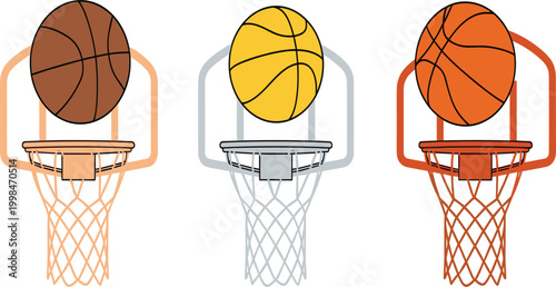 Colorful Basketball Hoop and Ball Trio Set in Brown, Yellow, and Orange Cartoon Clipart Illustration
