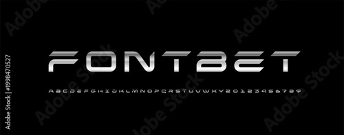 Technical font, digital wide alphabet, cyber chrome letters from A to Z and numbers from 0 to 9 for you logo designs, vector illustration 10EPS