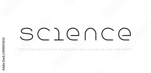 Technology font, digital cyber alphabet, thin letters A, B, C, D, E, F, G, H, I, J, K, L, M, N, O, P, Q, R, S, T, U, V, W, X, Y, Z and numerals 0, 1, 2, 3, 4, 5, 6, 7, 8, 9 space style