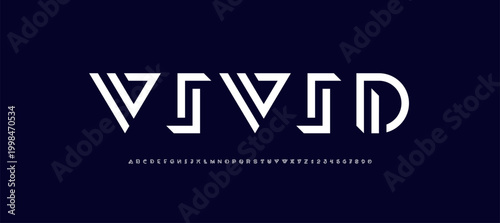 Logo font alphabet from segment white lines, technology letters A, B, C, D, E, F, G, H, I, J, K, L, M, N, O, P, Q, R, S, T, U, V, W, X, Y, Z and numerals 0, 1, 2, 3, 4, 5, 6, 7, 8, 9, and numbers, vec