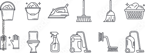 Set of cleaning and hygiene icons including buckets iron broom vacuum cleaner toilet spray bottle gloves and laundry basket for home chores sanitation.