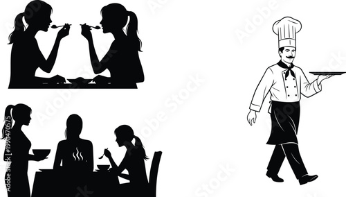Professional restaurant set featuring chef carrying tray, women dining silhouettes, people eating lunch at table, food service icons, culinary hospitality and catering vector illustration.